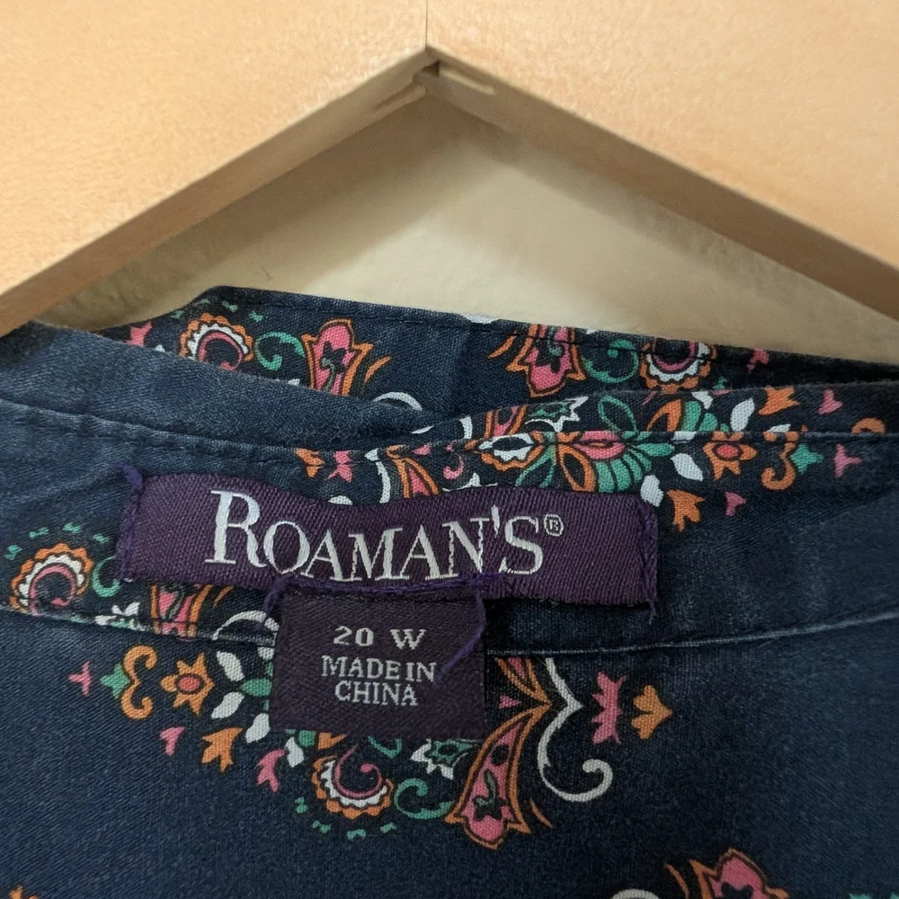 Roaman's Womens 20W Navy Blue Boho Paisley Button‎ Up Shirt Plus Size 3/4 Sleeve